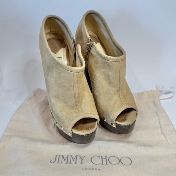 Jimmy Choo Neutral Suede Beige Peep-Toe Platform Bootie Pumps - Size 37 - Picture 1 of 5